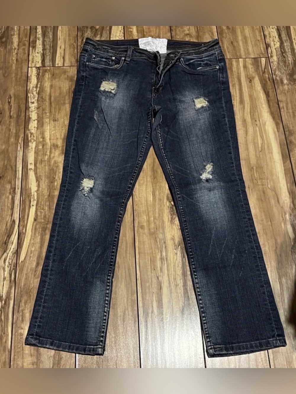 Vintage Dollhouse straight leg dark wash distressed jeans